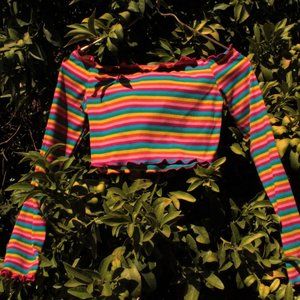 Rainbow Striped Long Sleeve Off the Shoulder Crop